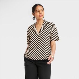 Women’s Striped Crepe Short Sleeve Button-Down Shirt - A New Day™ Size L